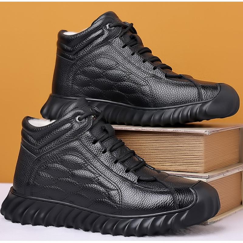 Mens Black Genuine Leather Fur Lined High Top Sneakers Elastic Lace Warm Winter Shoes For Outdoor Casual Street Style Versatile