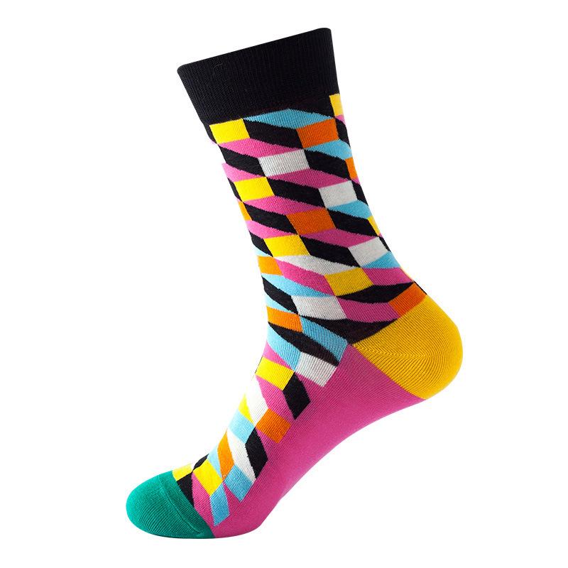 Hundreds Fashion Business Men 100% Cotton Happy Lattice Socks Unisex Boys Combed Hip Hop Street Skateboard Funny High Sox Set