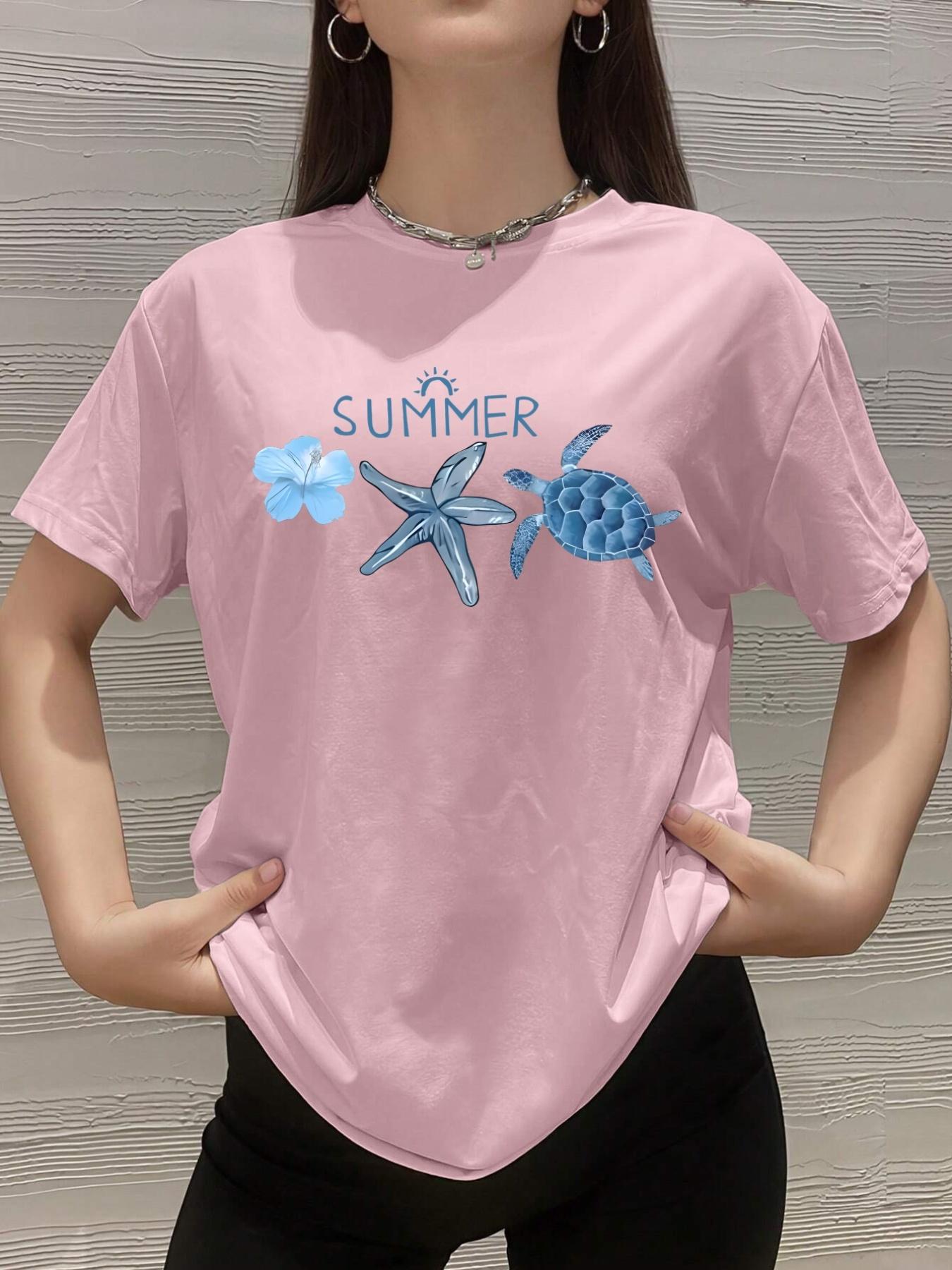 

Womens Comfortable Casual Sleeve RoundNeck TShirt Summer Ocean Print with Sea Turtle and Floral Patterns Aesthetic Clothes S