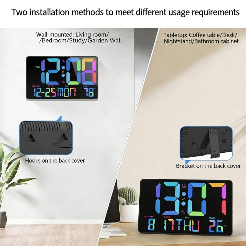 Digital Wall Clock Wall Clocks with Colors Changing Alarm Clock Remote Control Digital Clock for Living Room Bedroom