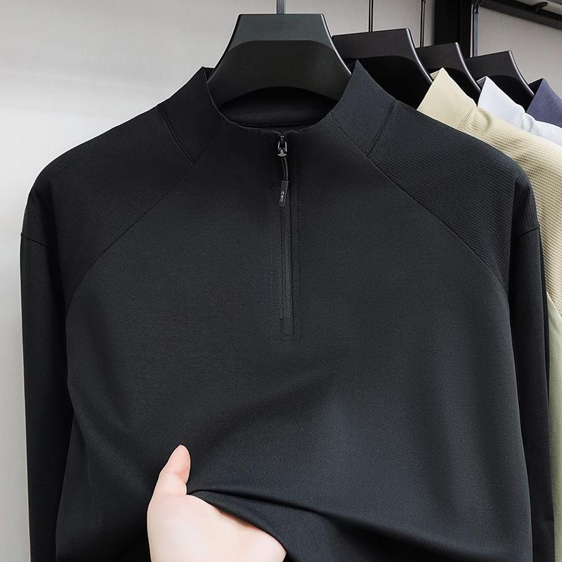Spring Semi-Zipper Stand-Up Neck Sweater Men'S Long-Sleeved T-Shirt Solid Color Casual Sports Simple Top Men