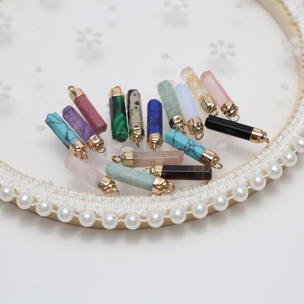 5Pcs, Healing Natural Stone Crystal Pendant, Geometric Style Handcrafted Hexagonal Cylindrical Charms, for DIY Necklace Accessories, Jewelry Making