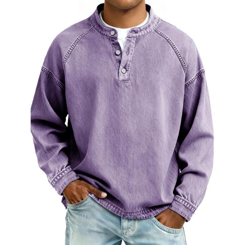 Men S Vintage Washed Stand Collar Long Sleeve Loose Solid Color Sweatshirt