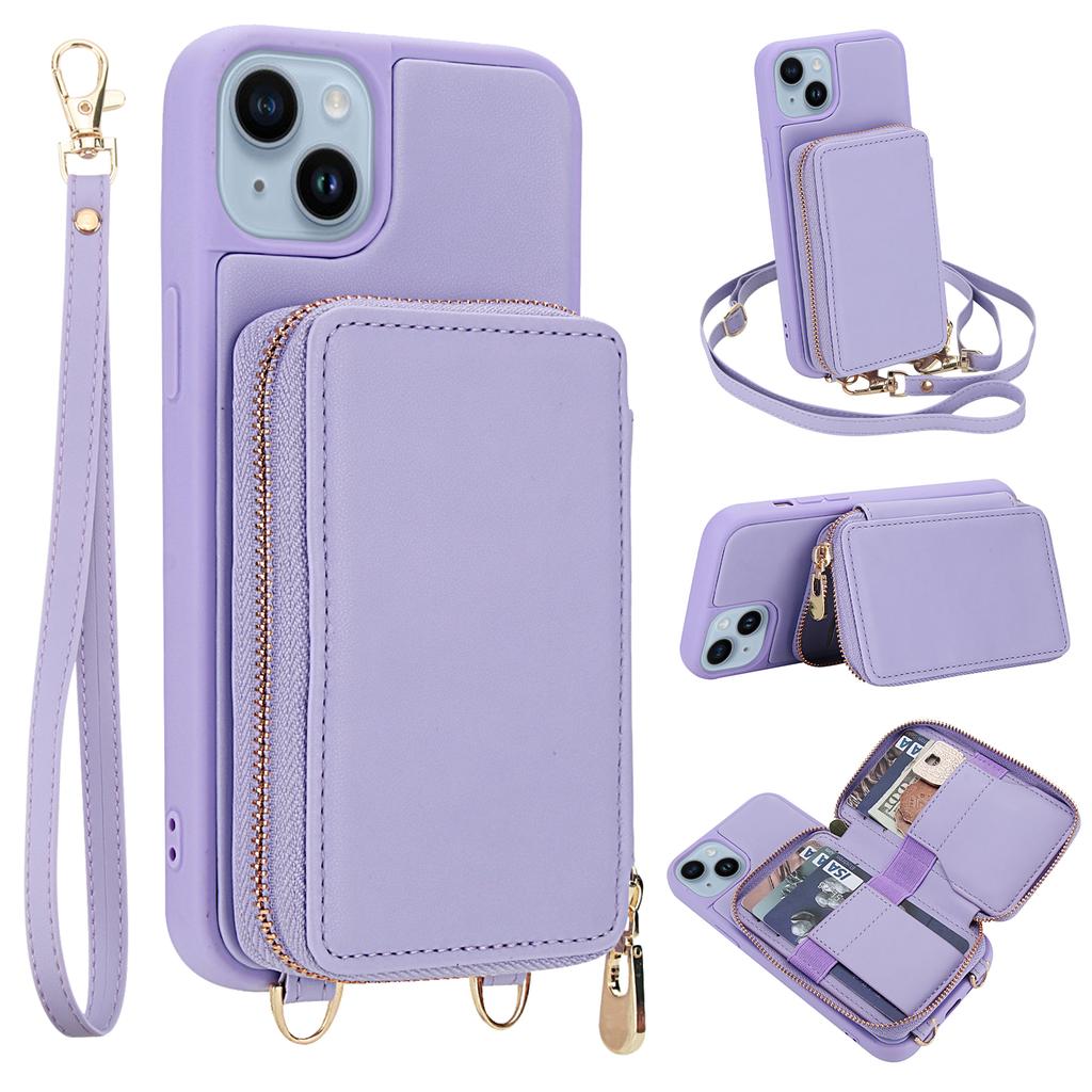 For iPhone 14/13 Case RFID Blocking Zipper Wallet Leather + TPU Phone Cover with Shoulder Strap