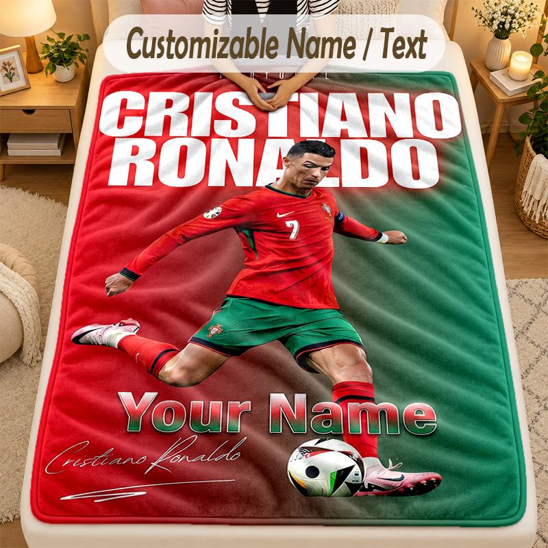 Flannel BlanketCristiano Ronaldo Custom Name Text Personalized Soft Warm Throw Blanket Home Decor Gift