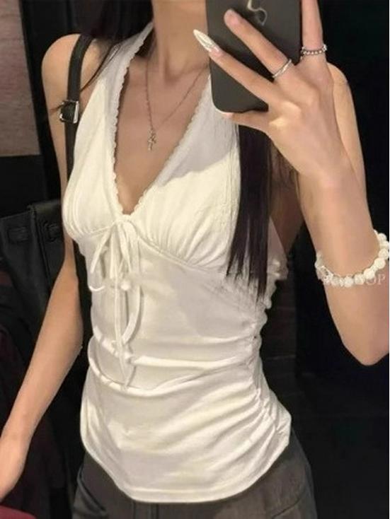 210g Jemná Bavlna Pikantní Dívka Šněrovací Halter Cami Top - Dámské Letní Zeštíhlující Tílko