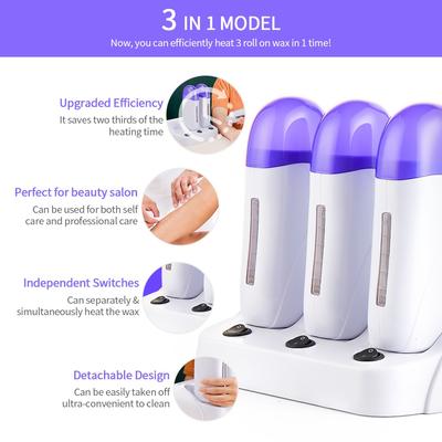 3pcs Cartridge Wax Depilatory Heater Wax Roller Base Roll On Waxing Body Hair Removal Machine Set For Depilation Tool Kit