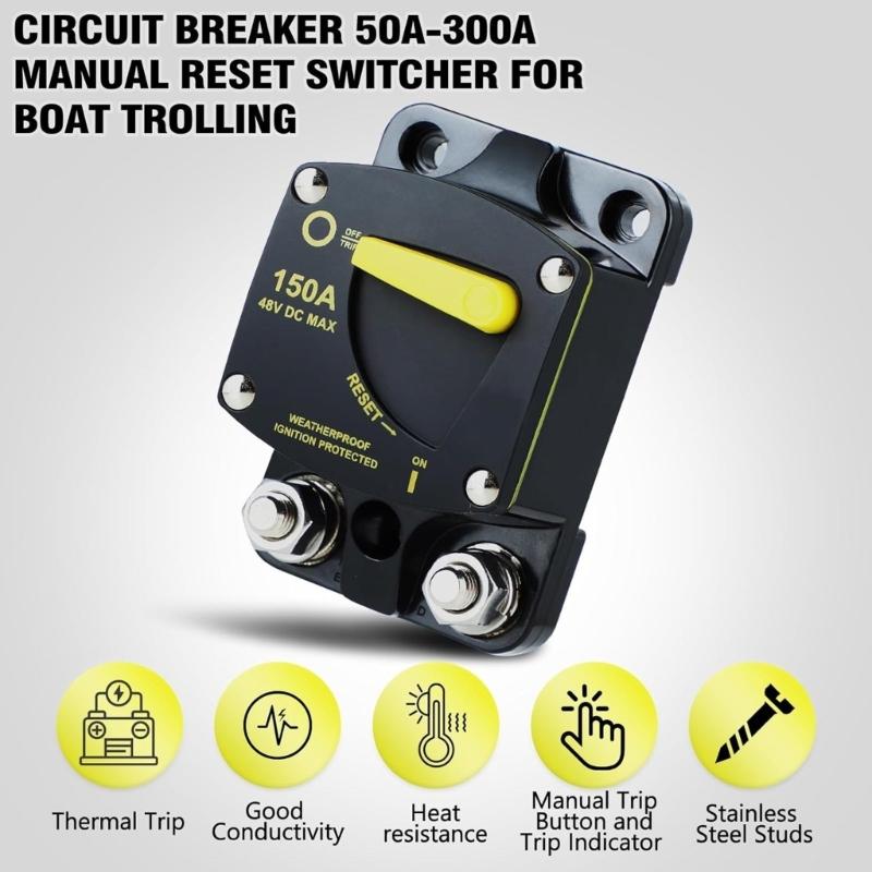 High Amperage Circuit Breaker with Manual Reset for Use in Car Motorhomes Boats Solar Installations Corrosion Resistant