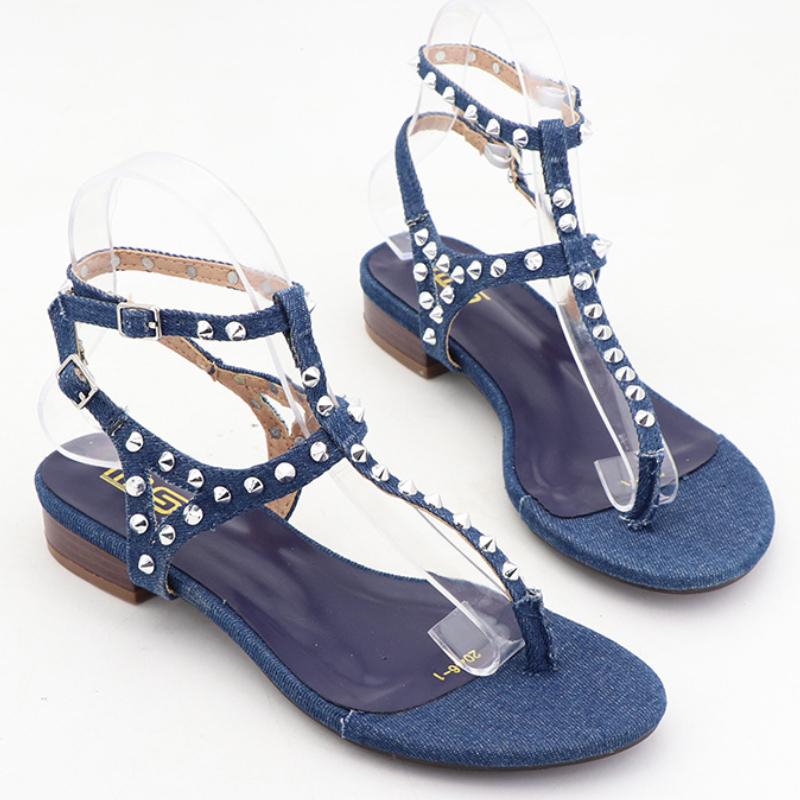 Fashion Denim Rivets Clip Toes Flip-flops Women Pointed Toe Wedges Buckle Slide Sandals Summer Comfort Open-toe Narrow Band Roman Shoes