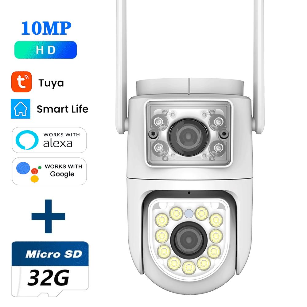 10MP Dual-Lens Wifi Camera Tuya PTZ Outdoor 4K Dual Screen Security Protection IP Cameras Color Night Vision Video Surveillance