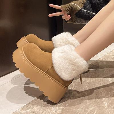 Fleece verdikte pluizige korte laarzen lelijk schattig groot hoofd katoenen schoenen 2025 nieuw winter super dikke zool verhogende sneeuwlaarzen dames