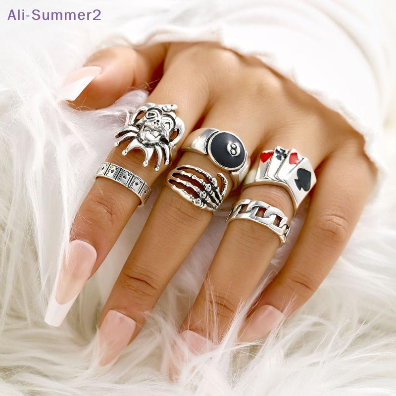 {Summer2} 6Pcs Punk Demon Claw Clown Poker Black 8 Billiard Rings Set For Women Men Vintage Gothic Finger Rings Party Jewelry