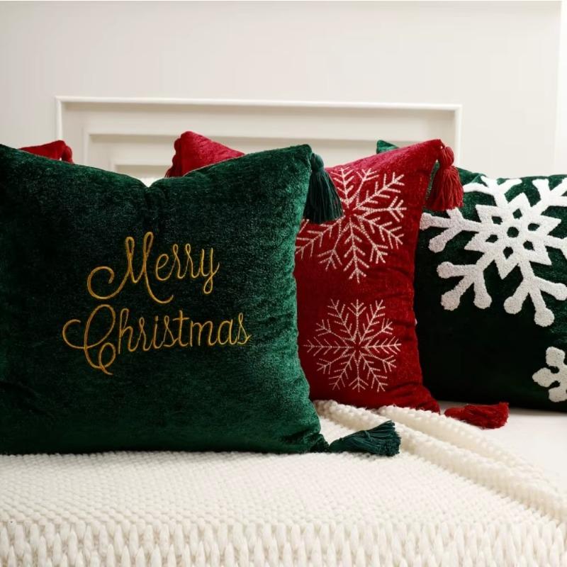 Soft Square Merry Christmas Snowflake Throw Pillow Covers Embroidery Cushion Case for Home Sofa Bed Chair Decor