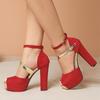 Fashion Liyke Fashion Double Buckle Strap Women Chunky Platform Sandals Sexy Thick Bottom Peep Toe 12.5CM Square High Heels Banquet Shoe