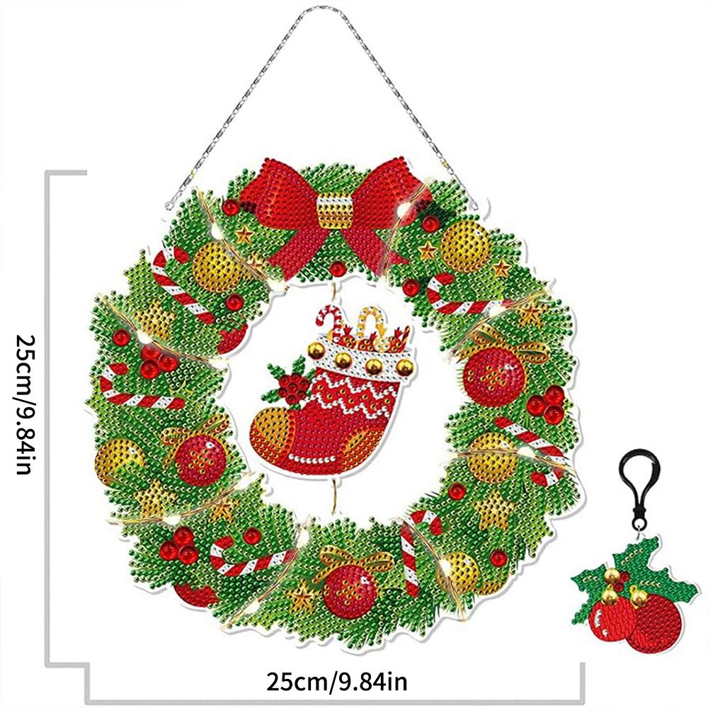Weihnachtskranz-Set zum Aufhängen, 5D-Diamantmalerei zum Selbermachen, mit LED-Licht, Diamant-Malbild mit hängender Kette, dekoratives Licht
