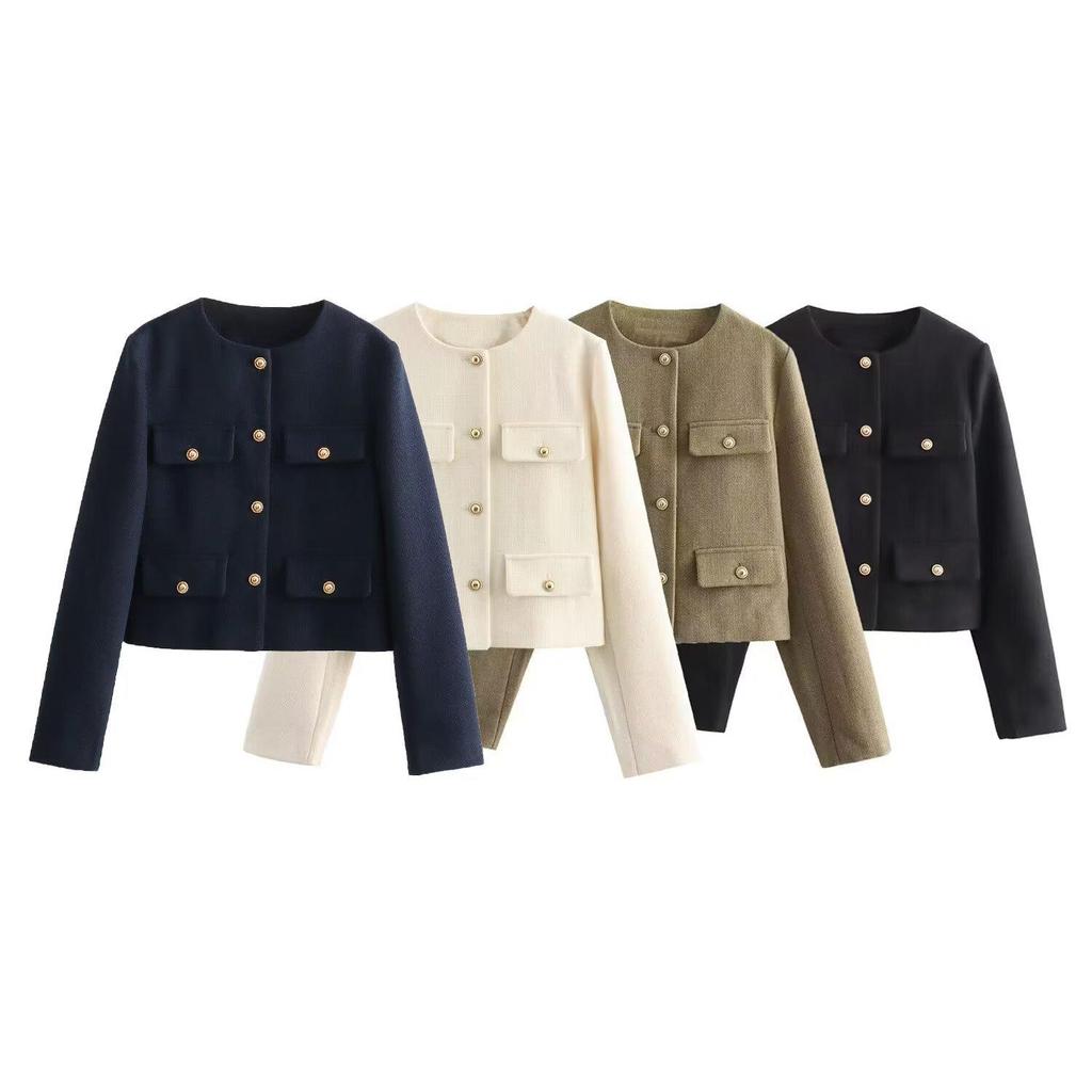 2024 Autumn Women's Pocket Crew Neck Fashion Coat