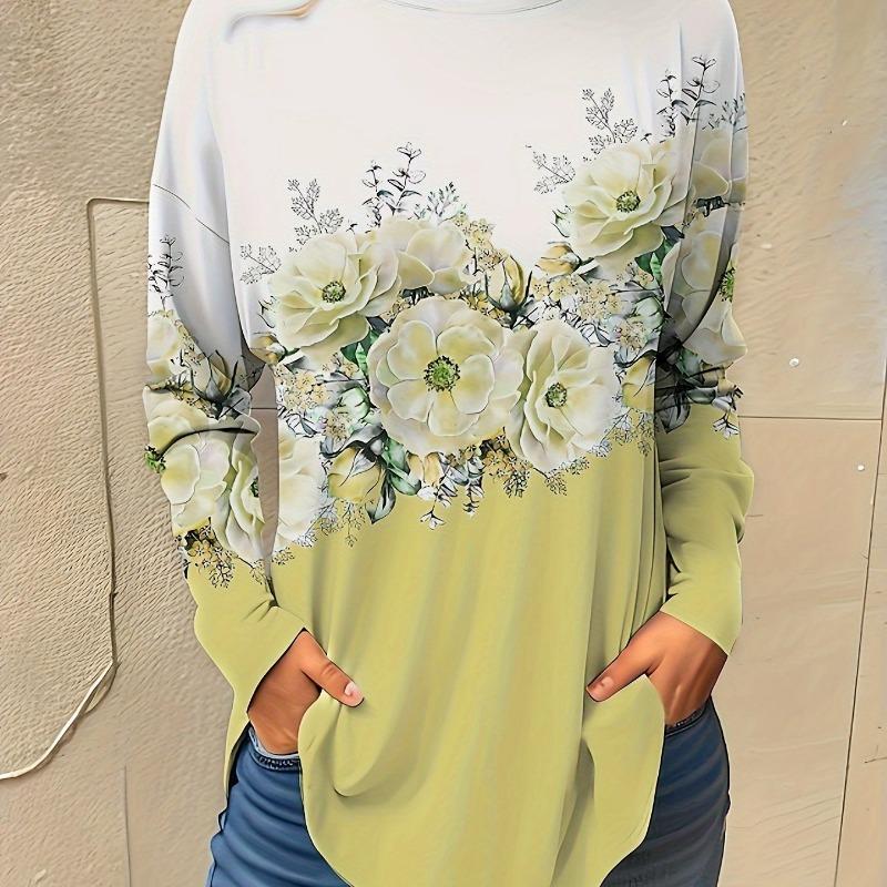 Fashion Women's Floral Graphic Elegant O-Neck Long Sleeve T-Shirt Y2K Casual Tops Womens Clothing Harajuku Pullover