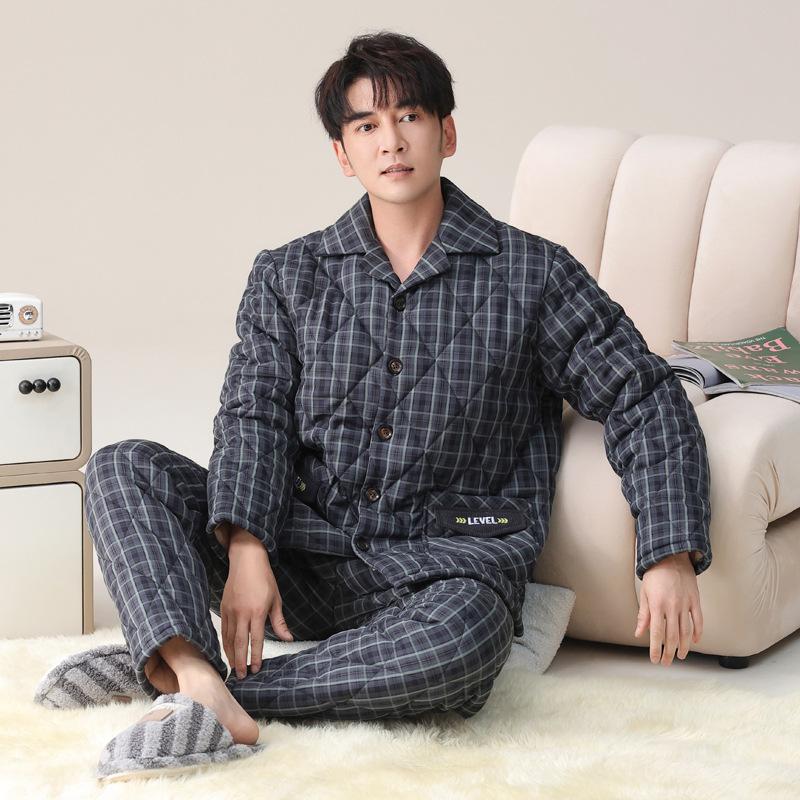 Pajamas Men'S Winter Velvet Thickened Woven Pure Cotton Three-Layer Padded Cotton Jacket Autumn And Winter Loungewear