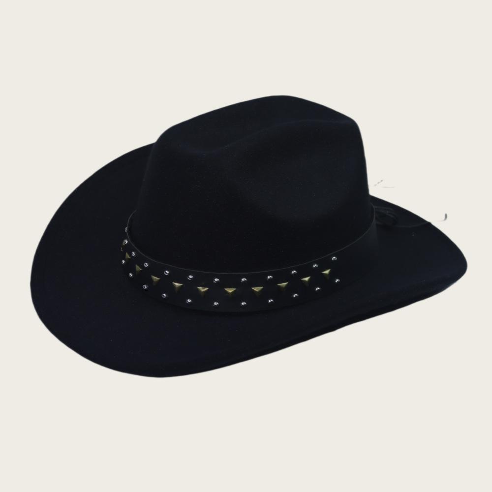 Stylish Leather Rivet Belt Design Felt Cowgirl Hat Women Men Wide Brim Jazz Cap Western Caps for Daily Life & Party