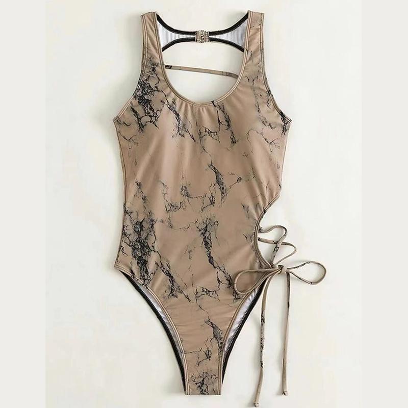 Moteriškas naujas vientisas gėlėtas raštas su raišteliais suvarstomas plaukimo kostiumas, reguliuojamas elastingas moteriškas maudymosi kostiumėlis