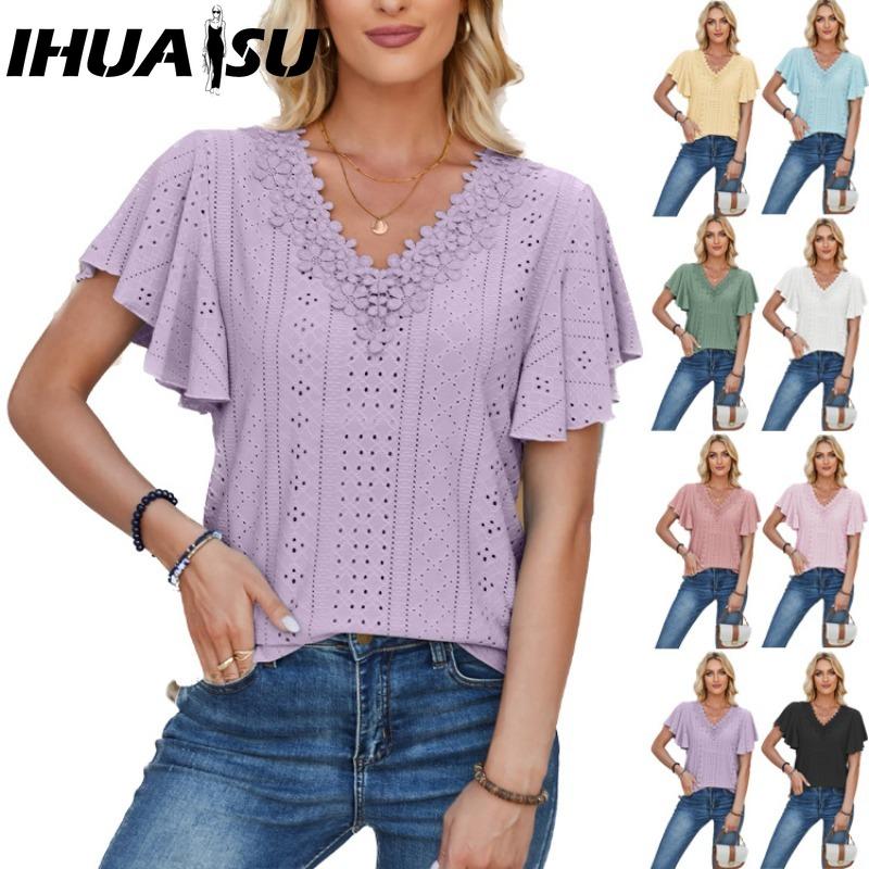 IHUASU Camicette e camicie da donna con scollo a V, maniche corte, stampa tinta unita casual alla moda
