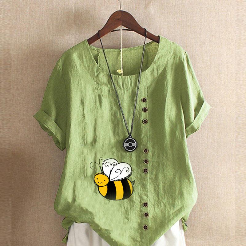 

Женская модная футболка с круглым вырезом и коротким рукавом, повседневная хлопковая льняная рубашка с рисунком в виде пчелы, летняя блузка, топы больших размеров 5XL зелёный
