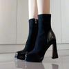 Thick-soled Thick-heeled Elastic Thin Boots Waterproof Table Simple Single Boots Merad Square Head High-heeled Short Boots Women's New Models