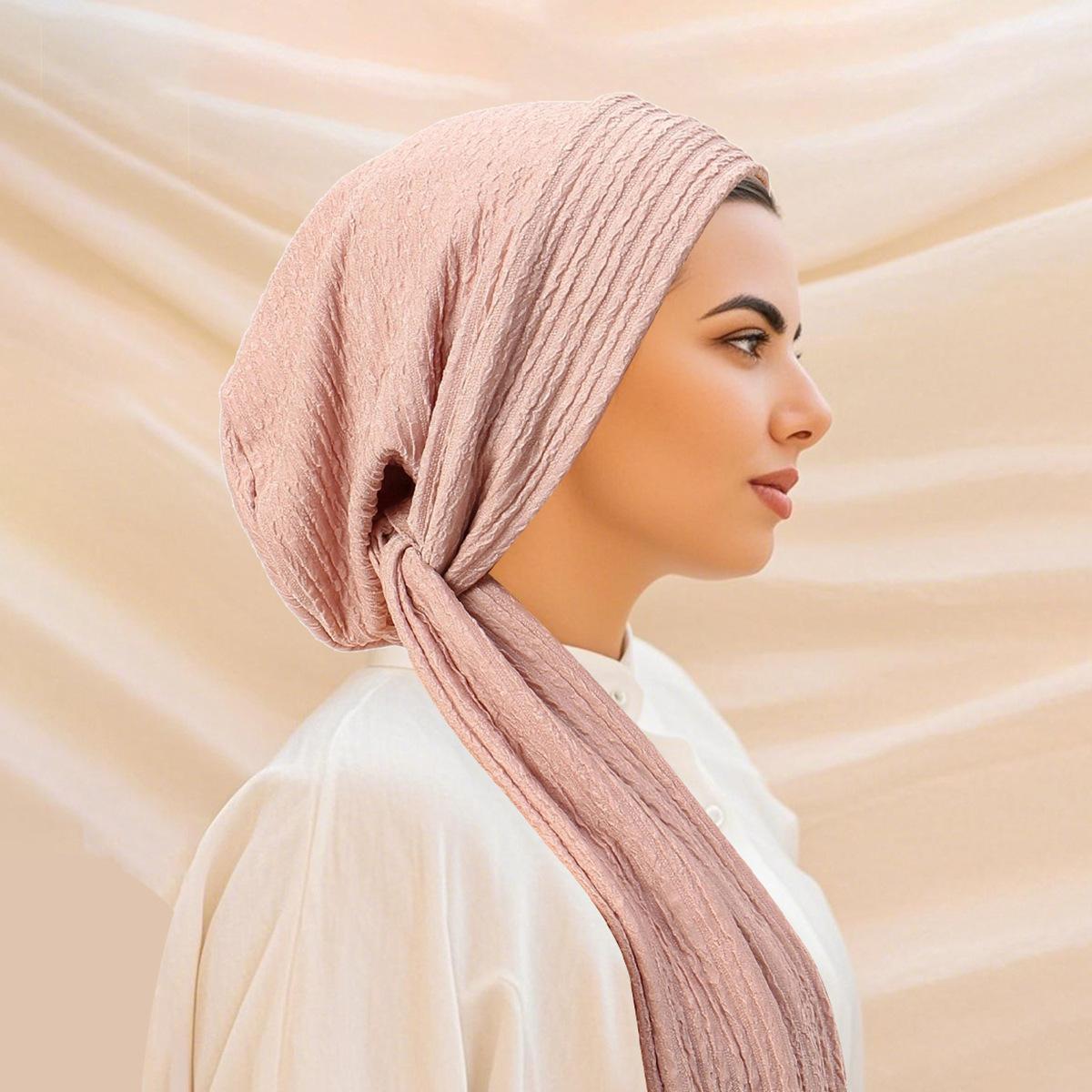 

Women Solid Color Crinkle Turban Hijab Hat Long Tail Head Wraps Muslim Elasticity Breathable Cap світло-рожевий колір
