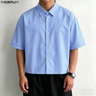 Camicie Estive Casual Oversize da Uomo con Collo a Revers, Maniche Corte, Bottoni, a Righe, Cropped