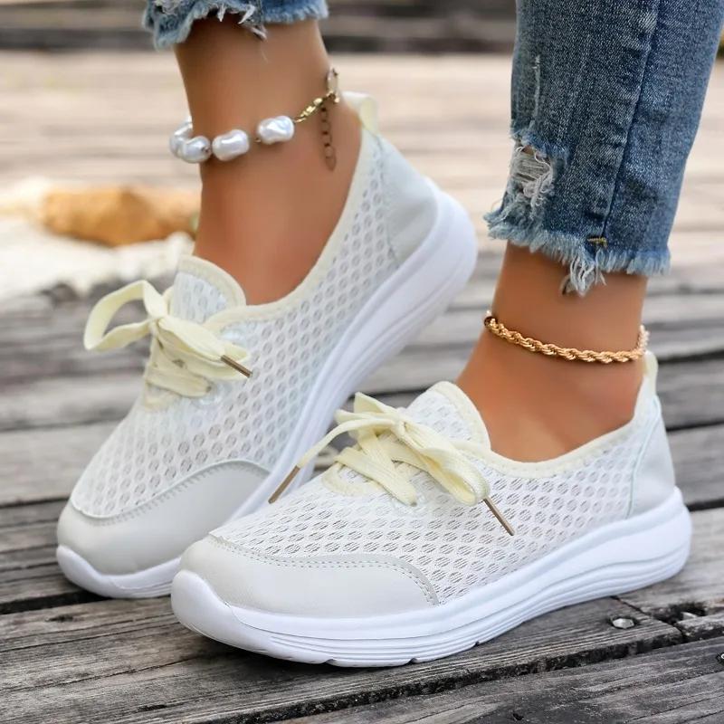 Casual Flat Sneakers Fall New Round Toe Deep Mouth Spliced Mesh Breathable Lace-Up Soft Sole Non-Slip Sneakers