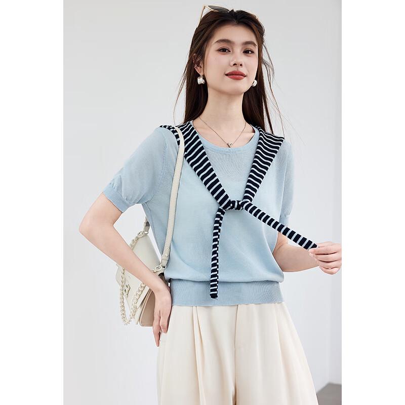 VICTORIA&VERA Women's Striped Shawl Hooded Faux Two-Piece Knit Top