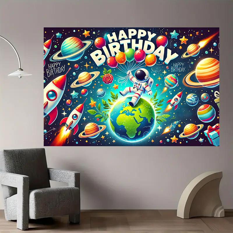 1pc Happy Birthday Astronaut Polyester Fiber Background Banner - Vibrant Space Theme Design