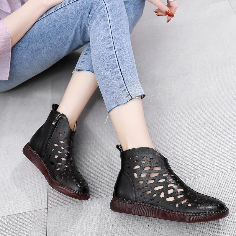 Fashion GKTINOO Women's Summer Boots Fashion 2025 New Genuine Leather Women's Sandals Hollow Design Non-slip Round Toe Ladies Shoes
