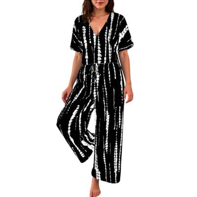 Damen Freizeit Resort V-Ausschnitt Oberteil und Hose Mode Print Zweiteiliges Set