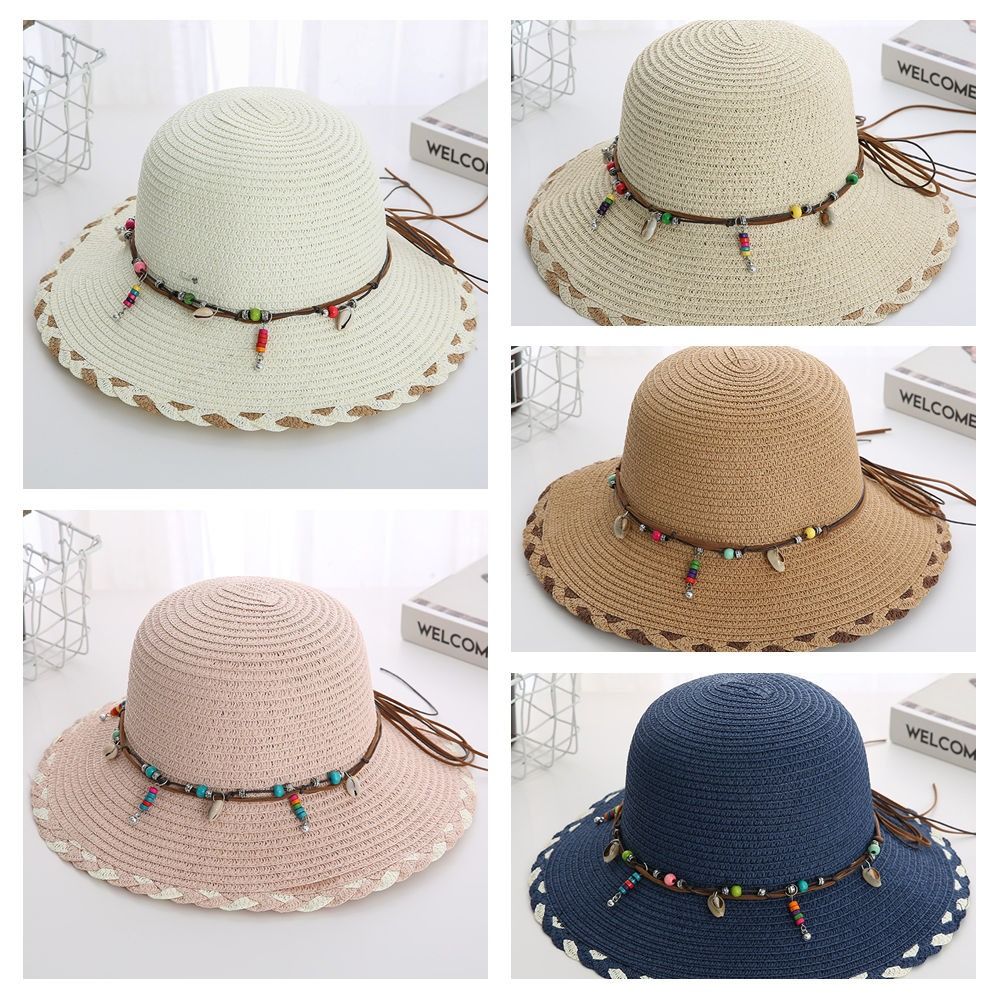 Wide Brim Folding Straw Hats Spring Summer Women's Sun Hat Bohemian Beaded Strap Straw Hat  Outdoor