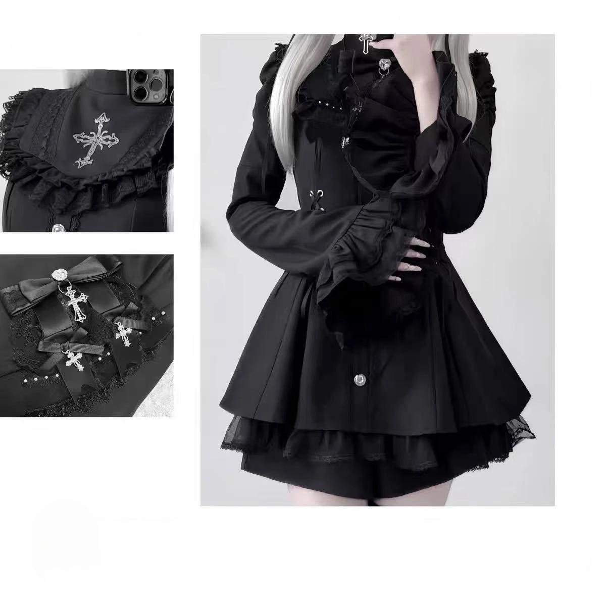Ensemble Short Robe à Nœud Style Lolita Esthétique Chemise Boutonnée Manches Évasées Dentelle Gothique Japonaise Robe Mini Fête Punk XL noir