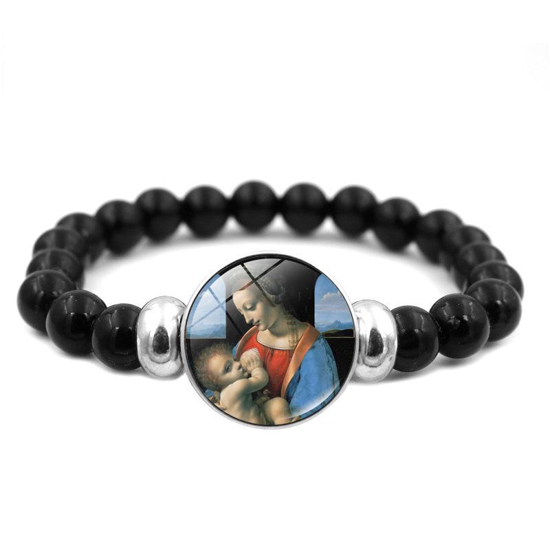 Christliches Jesus-Armband mit schwarzen Perlen, elastischer Schmuck, Jungfrau Maria, Glas-Druckknopf-Armbänder für Männer und Frauen, katholische Geschenke