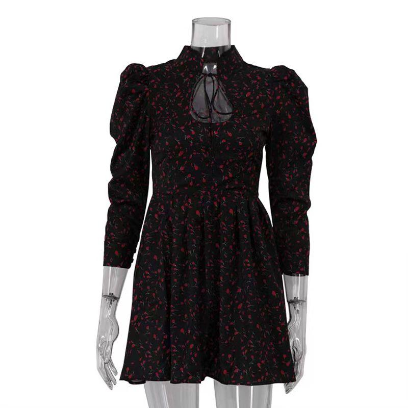 

Western Style Floral Design Stand Collar Lace Up Dress Stand up Collar Lace up Dress Black Red L