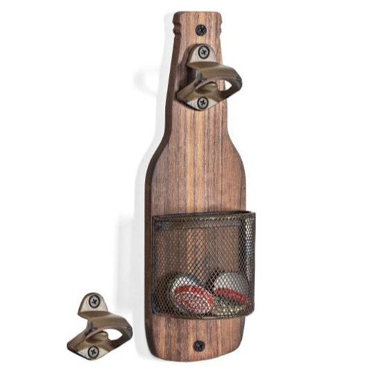 Wall-Mounted Bottle Opener with Cap Catcher Rustic Wooden Beer Opener for Kitchen Bar Home Brewing Accessory