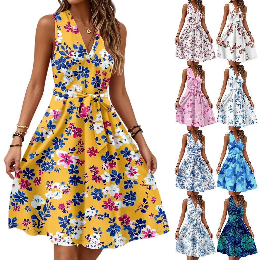 Vestido midi casual feminino primavera e verão, decote em V, sem mangas, cintura, estampa floral