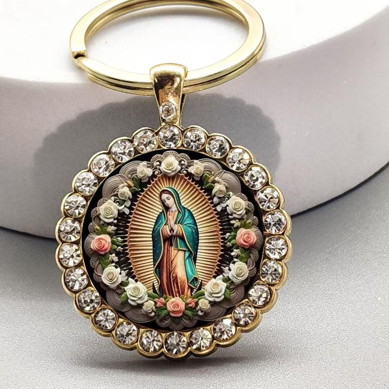 Alloy Round Keychain Virgin Mary Keyrings Pendant Christian Saint Jewelry Religious Christian Faith Gift
