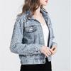 Women Denim Coat Jacket Diamonds Pearls Turn Down Collar Single Breasted Pockets Washed Vintage Streetwear Autumn Outerwear