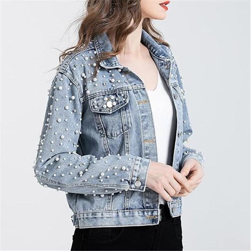 Women Denim Coat Jacket Diamonds Pearls Turn Down Collar Single Breasted Pockets Washed Vintage Streetwear Autumn Outerwear