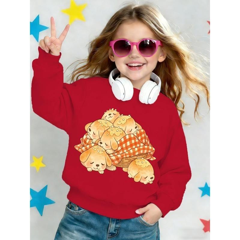 European sizes Girl's Round Neck Sweatshirt, Cartoon Puppy Print, Cute Sweet Loose Fit, Children's Casual Sweatshirt