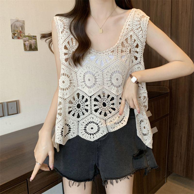 Lace Crocheted Hollowed-out Camisole Vest for Women Plus-size Summer Waistcoat Cover Top