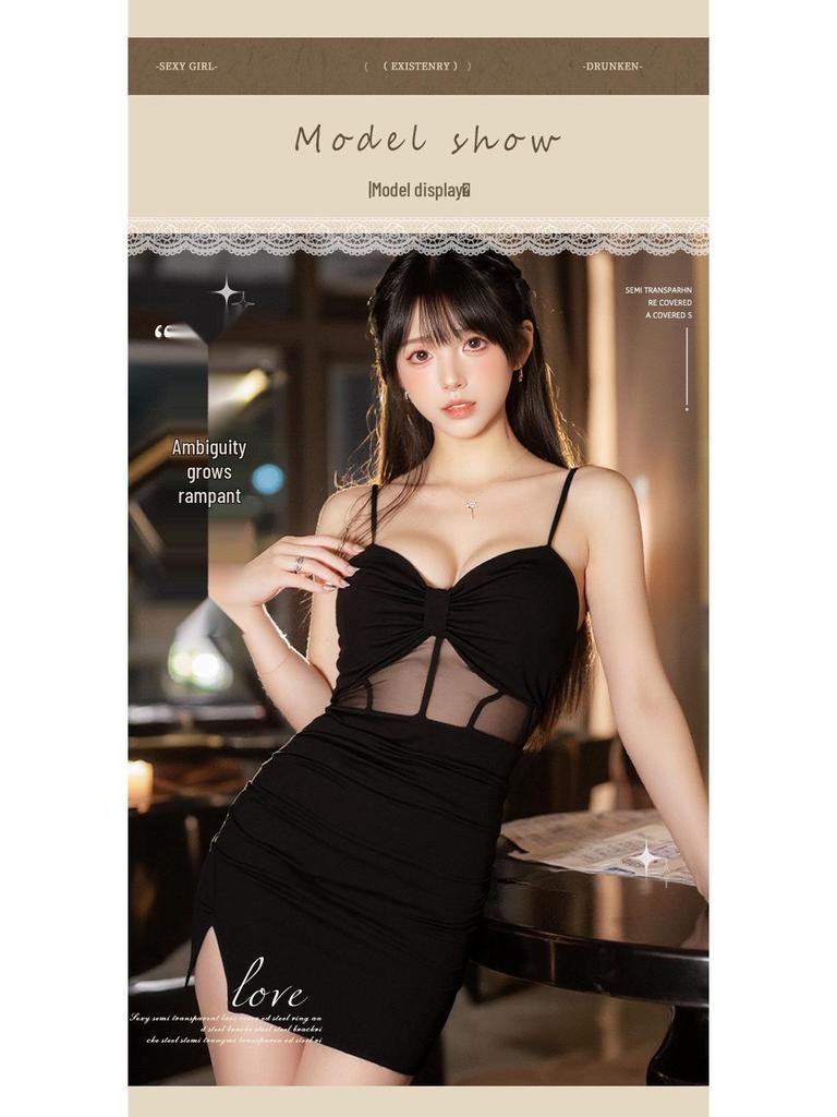 Spaghetti Strap Slit Dress with Chest Pads - Sexy Low-Cut Bodycon Mini Dress, Revealing Back and Hips