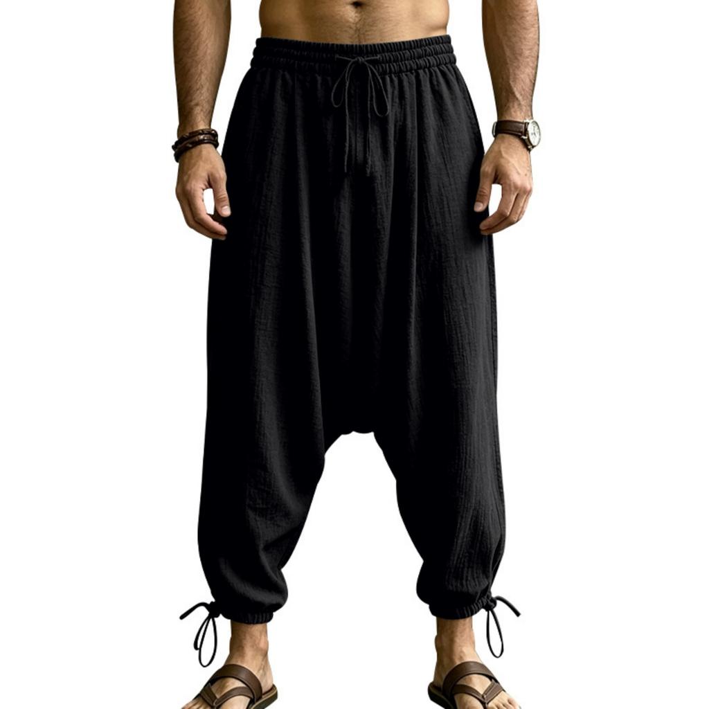 Męskie lniane spodnie joggery z obniżonym krokiem i ściągaczem w pasie na wakacje na plaży i do codziennego letniego ubioru