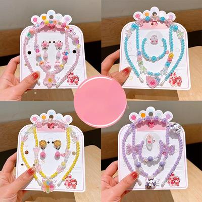 Children's Necklace Jewelry Set Dazzling Beaded Bracelet Cartoon Headband Earrings Princess  Girls' Accessories