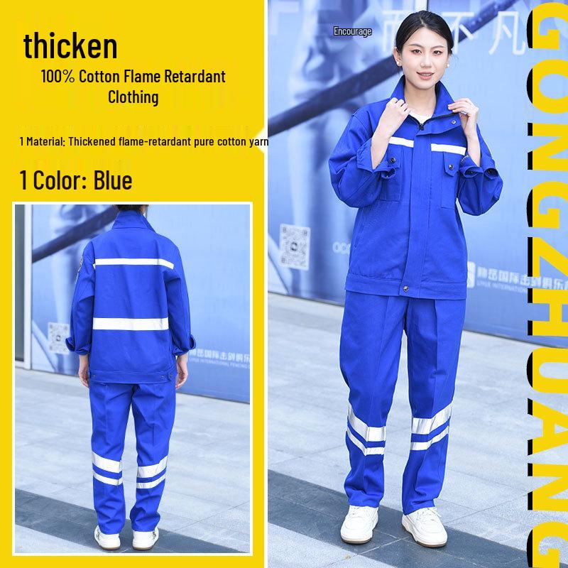 Thick All-Cotton Flame-Retardant Workwear Set with Reflective Strips for Men & Women (Spring/Autumn) 3XL