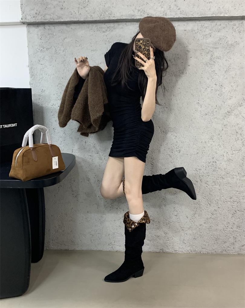Pointed Boots 2025 Autumn and Winter New Women's Boots Thick Heel Short Boots Two Wear Pleated Piled Boots But Knee Boots